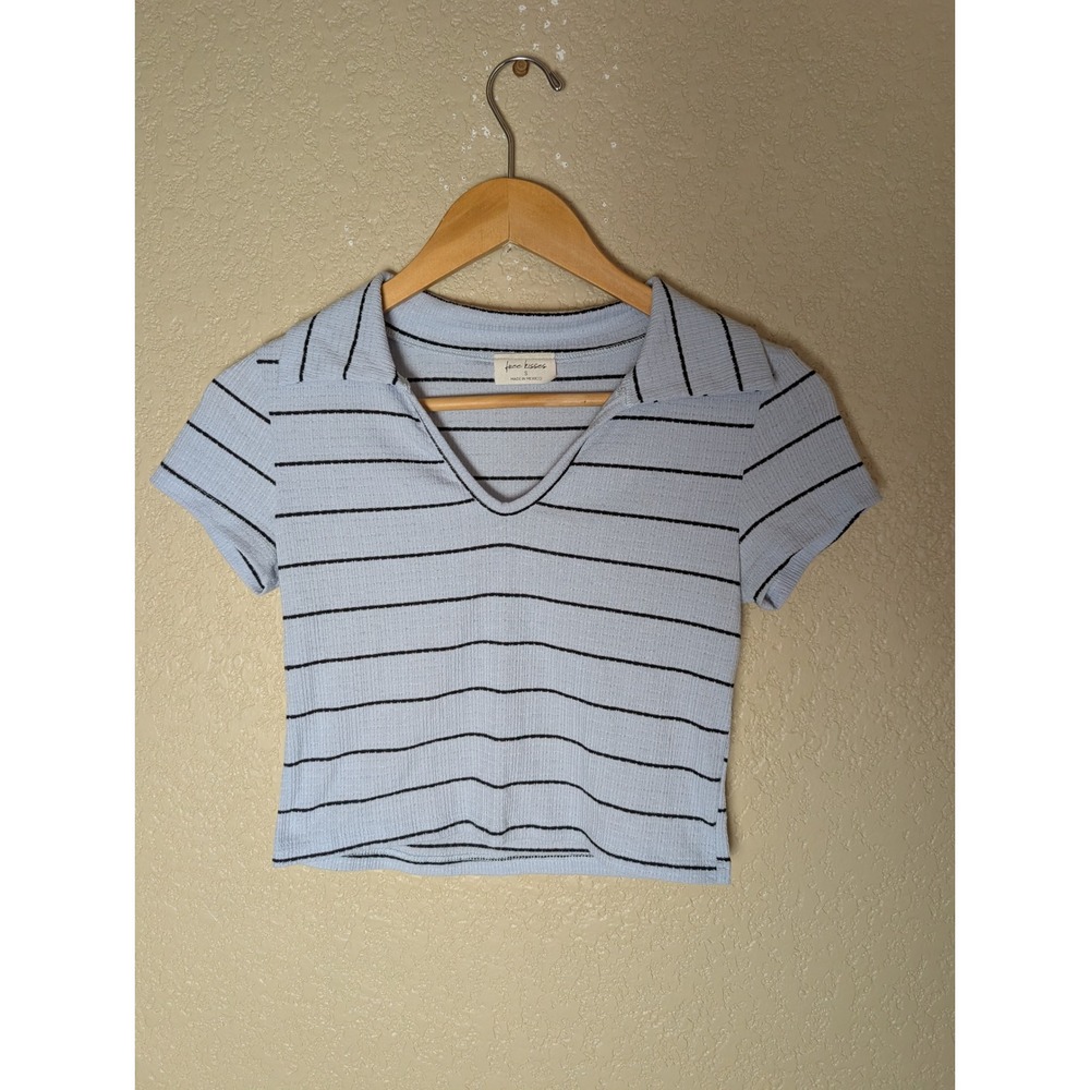 Women's Small Blue Black Striped Collared Crop Top Y2K Preppy